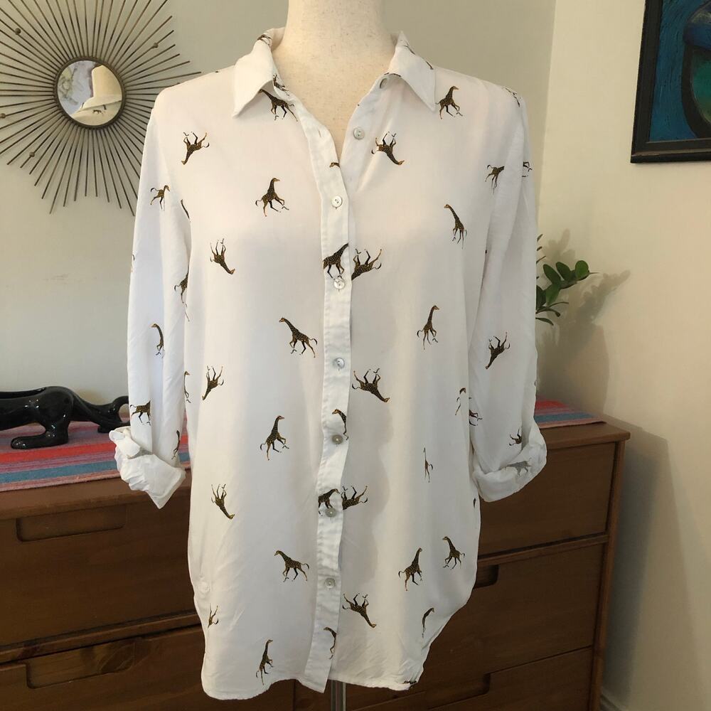 Jane and Delancey White Blouse with Brown Giraffe Print
